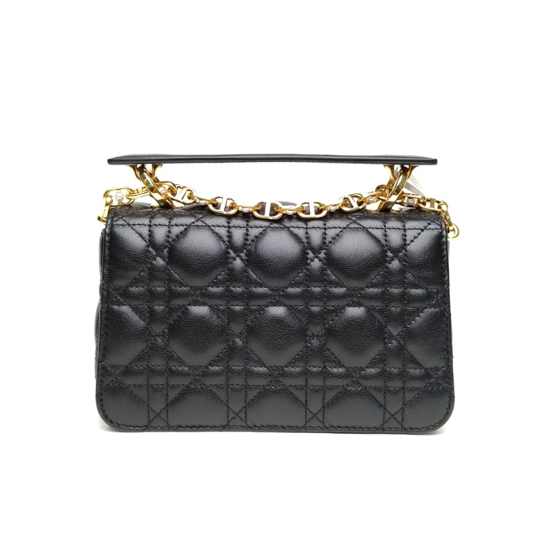 DIOR Joliemini金標Logo藤格紋絎縫黑色牛皮肩背包-2