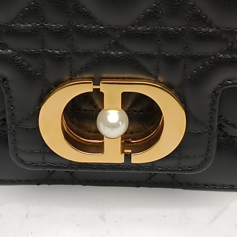 DIOR Joliemini金標Logo藤格紋絎縫黑色牛皮肩背包-4