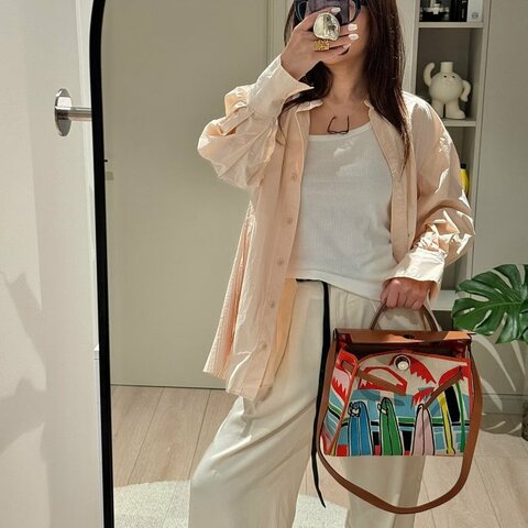 HERMES 夏威夷限定塗鴉帆布拼皮銀扣herbag31子母手提肩背斜背包 31*25*11 99新配件塵袋 鎖鑰匙