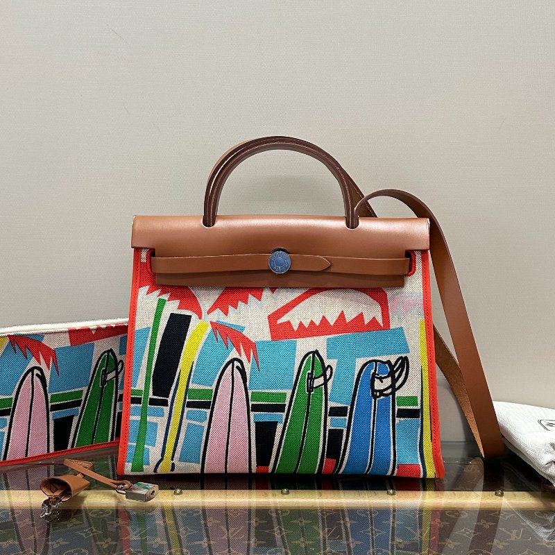 HERMES 夏威夷限定塗鴉帆布拼皮銀扣herbag31子母手提肩背斜背包 31*25*11 99新配件塵袋 鎖鑰匙-1