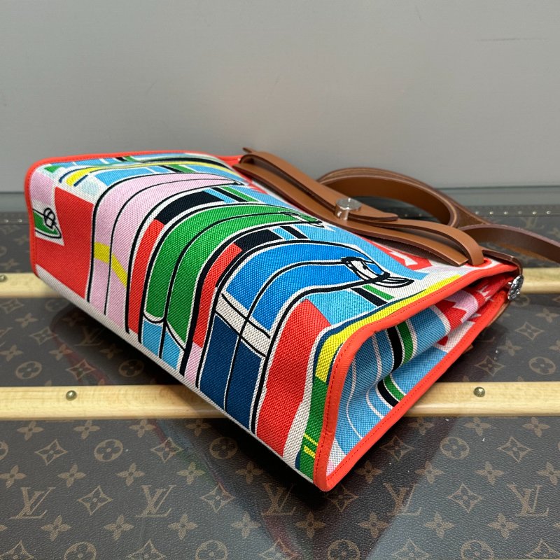 HERMES 夏威夷限定塗鴉帆布拼皮銀扣herbag31子母手提肩背斜背包 31*25*11 99新配件塵袋 鎖鑰匙-5