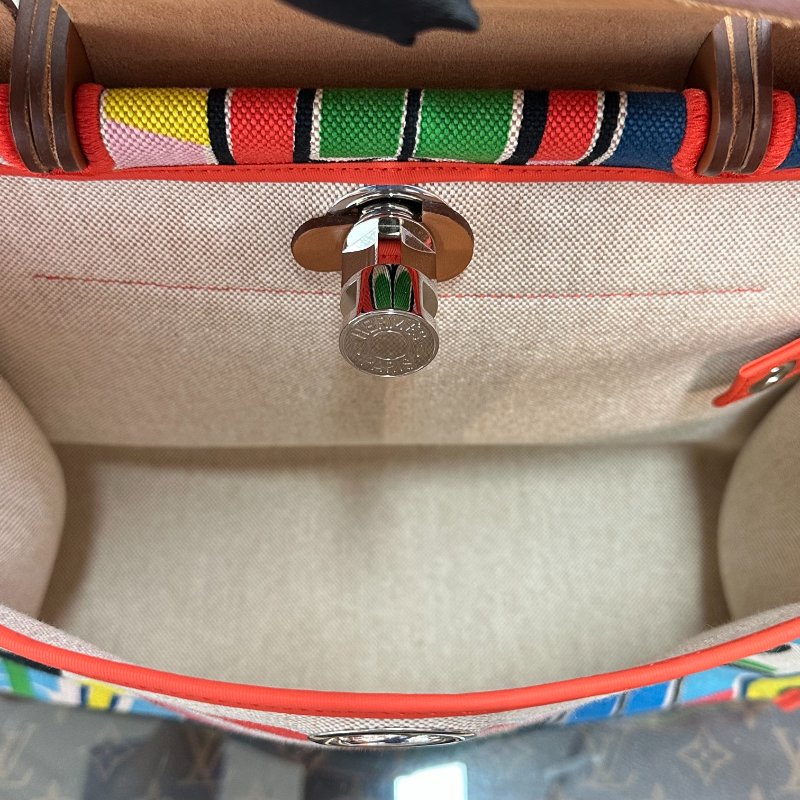 HERMES 夏威夷限定塗鴉帆布拼皮銀扣herbag31子母手提肩背斜背包 31*25*11 99新配件塵袋 鎖鑰匙-6