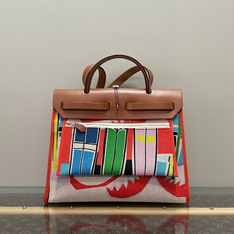 HERMES 夏威夷限定塗鴉帆布拼皮銀扣herbag31子母手提肩背斜背包 31*25*11 99新配件塵袋 鎖鑰匙-7