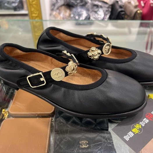 東區正精品㊣CHANEL G45778 全新香奈兒黑色全皮金幣瑪莉珍娃娃鞋平底鞋秀款 37.5號 RZ6466-5
