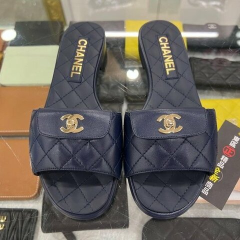 東區正精品㊣CHANEL G38232 全新香奈兒藍色全皮金雙C書包扣拖鞋 37號 RZ6467