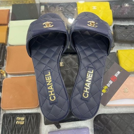 東區正精品㊣CHANEL G38232 全新香奈兒藍色全皮金雙C書包扣拖鞋 37號 RZ6467-1