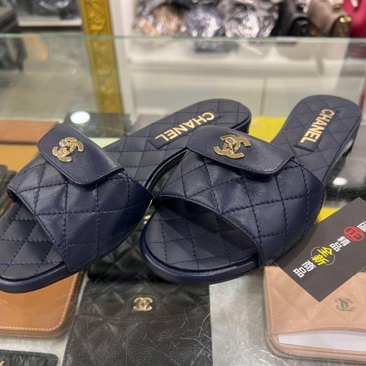東區正精品㊣CHANEL G38232 全新香奈兒藍色全皮金雙C書包扣拖鞋 37號 RZ6467-2