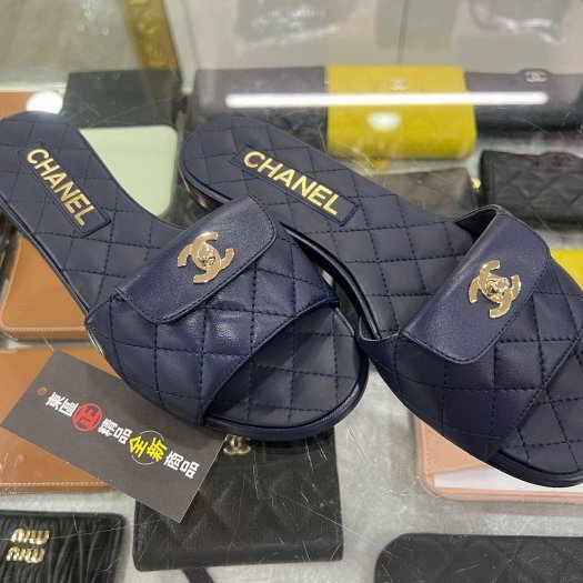 東區正精品㊣CHANEL G38232 全新香奈兒藍色全皮金雙C書包扣拖鞋 37號 RZ6467-3