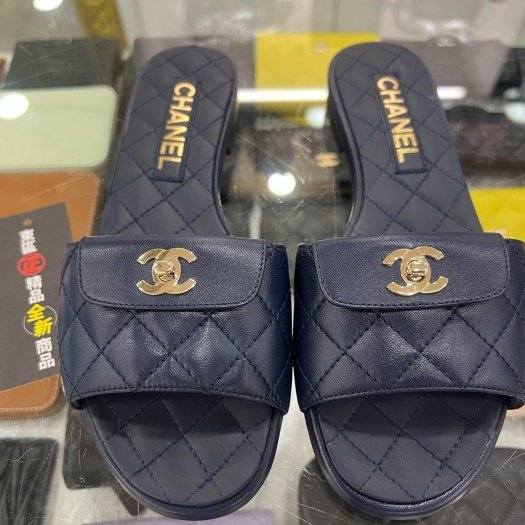 東區正精品㊣CHANEL G38232 全新香奈兒藍色全皮金雙C書包扣拖鞋 37號 RZ6467-8