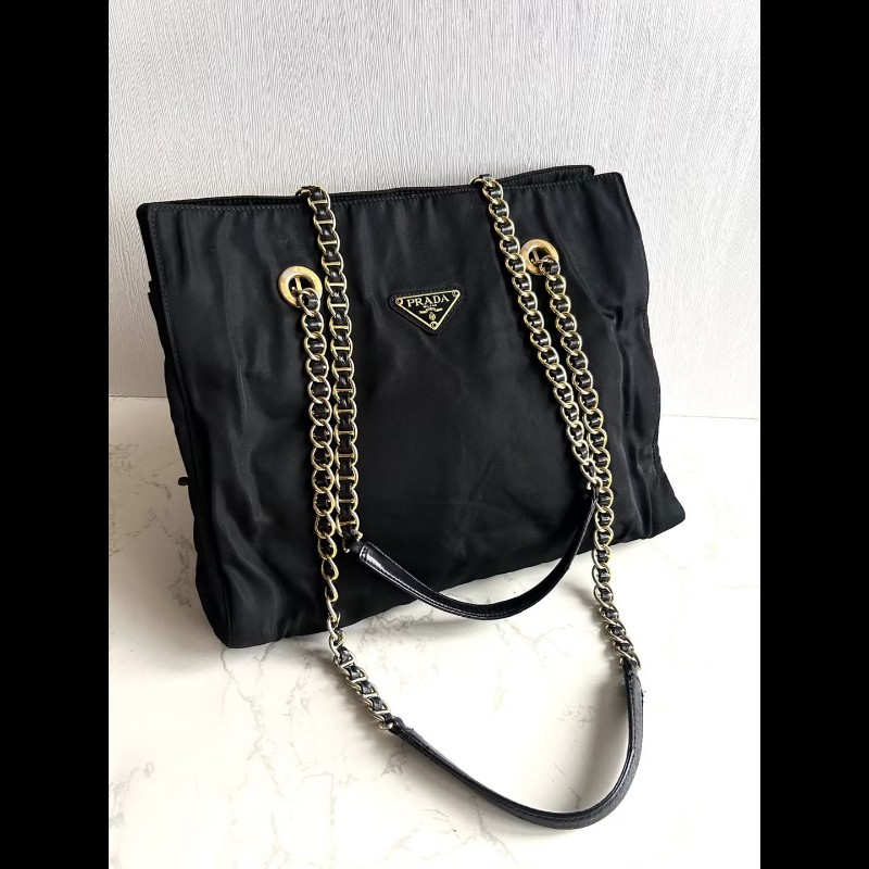 【LA LUNE】Prada黑色降落傘金鏈子托特包 側背包 單肩包 中古包 二手包 古董-0