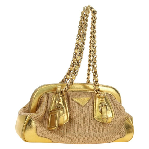 PRADA 鏈條單肩包 拉菲草 米色 金色 正品 181575SAV