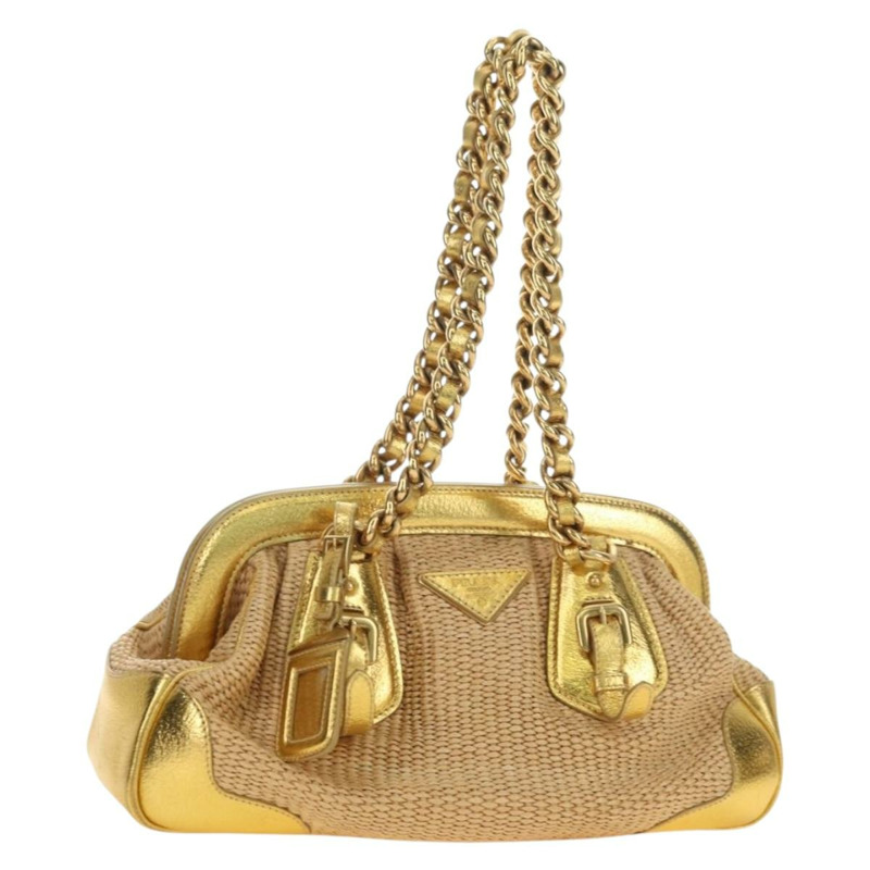 【日本直送】PRADA 鏈條單肩包 拉菲草 米色 金色 正品 181575SAV-0