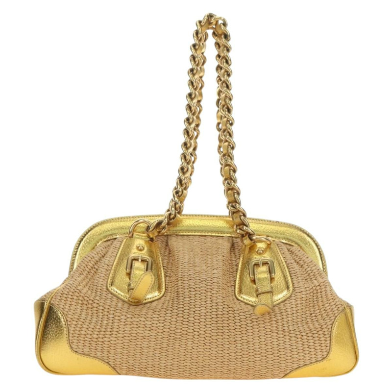 【日本直送】PRADA 鏈條單肩包 拉菲草 米色 金色 正品 181575SAV-1