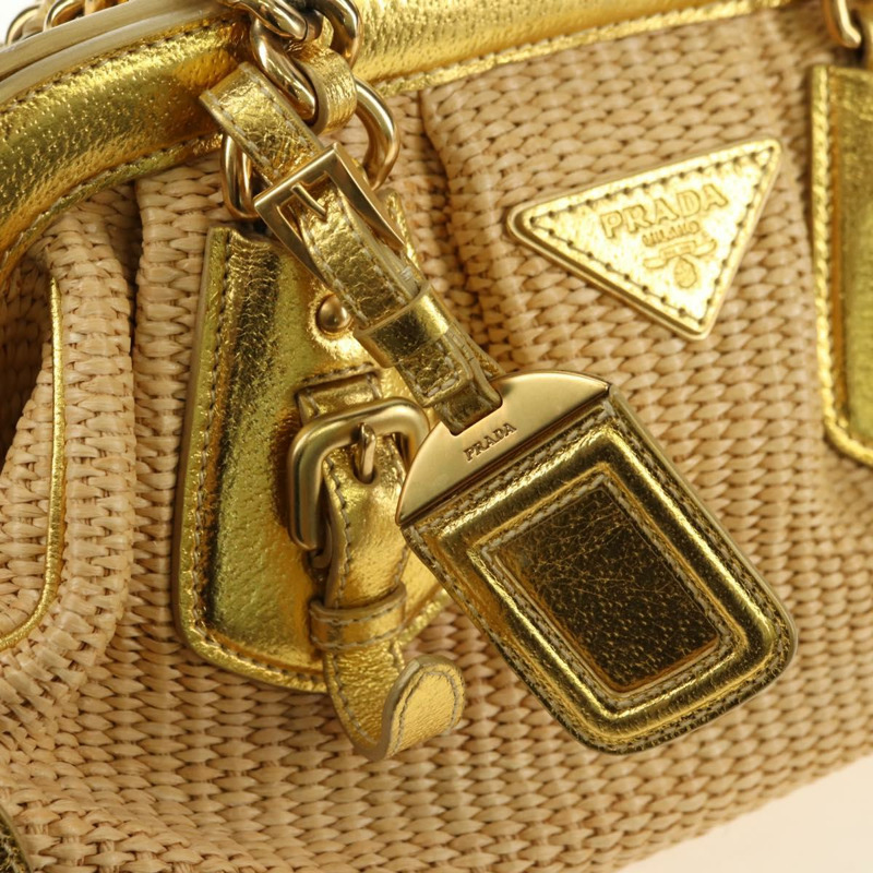 【日本直送】PRADA 鏈條單肩包 拉菲草 米色 金色 正品 181575SAV-8