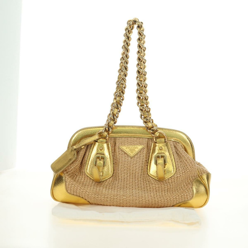 【日本直送】PRADA 鏈條單肩包 拉菲草 米色 金色 正品 181575SAV-11