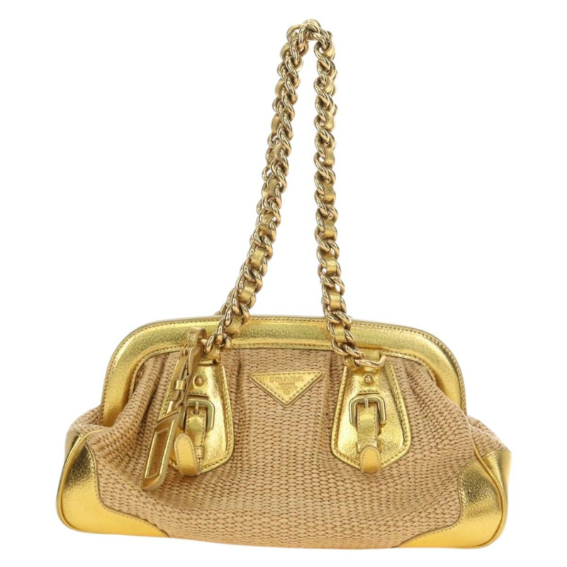 【日本直送】PRADA 鏈條單肩包 拉菲草 米色 金色 正品 181575SAV-12