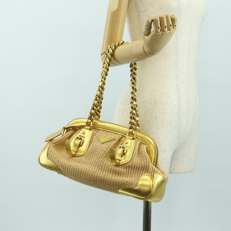 【日本直送】PRADA 鏈條單肩包 拉菲草 米色 金色 正品 181575SAV-24