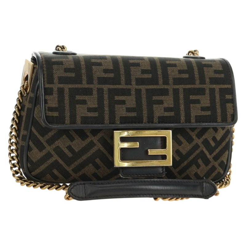 【日本直送】FENDI Zucca帆布法國鏈條中單肩包 黑色棕色 正品 yk20400SAM-0