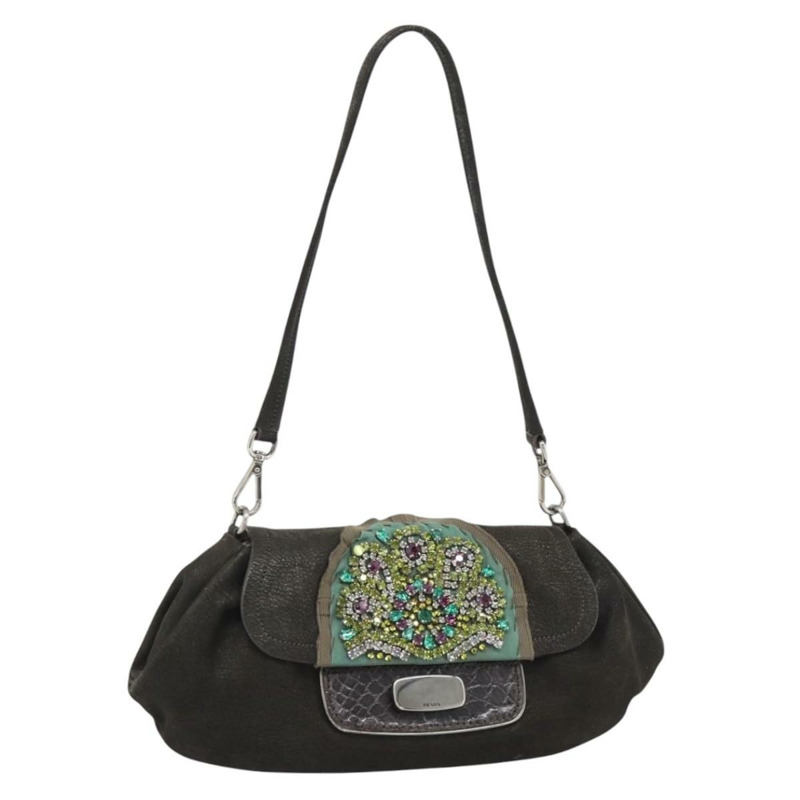 【日本直送】PRADA 肩背包,皮革材質,深棕色/銀色,正品編號 181835M-0