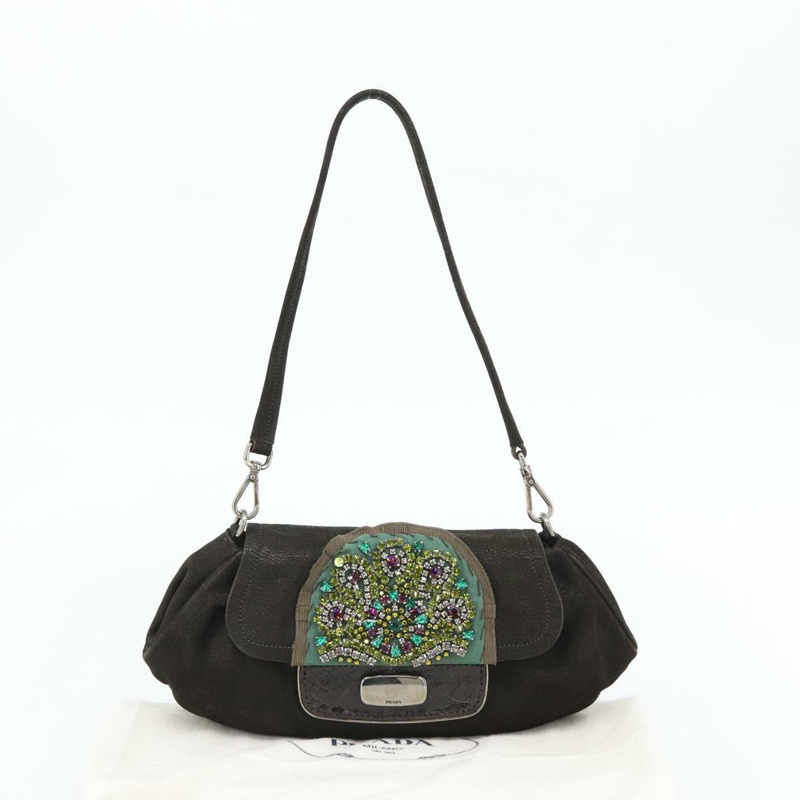 【日本直送】PRADA 肩背包,皮革材質,深棕色/銀色,正品編號 181835M-11