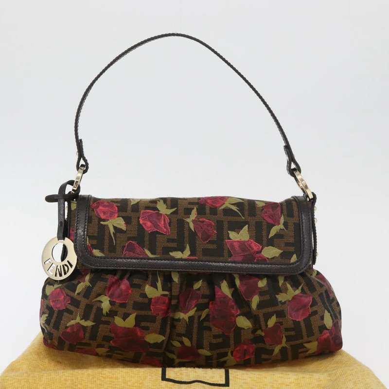 【日本直送】FENDI Zucca帆布花卉Mamma Baguette包 黑色棕色 正品 yk20436SAV-11