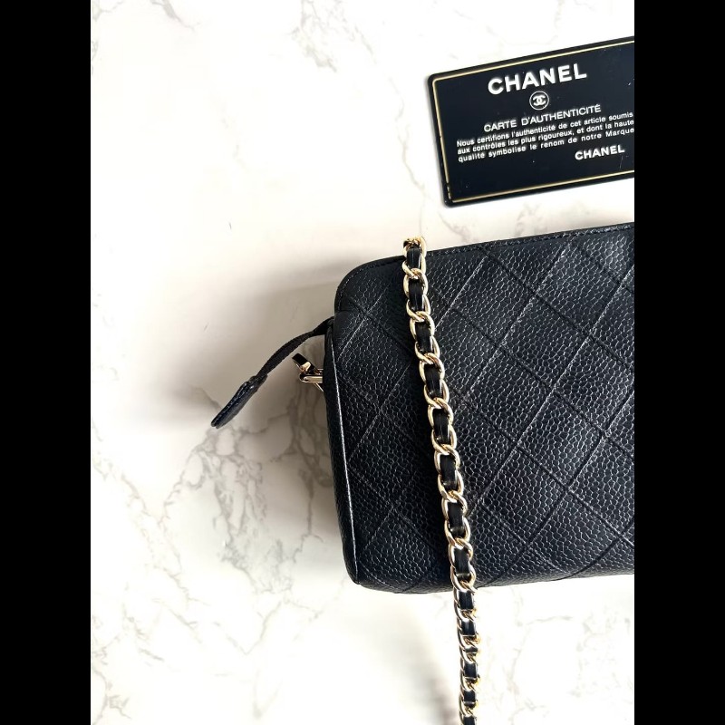 【LA LUNE】Chanel黑色魚子醬皮革斜背包 單肩包 側背包 中古包 二手包 古董-1