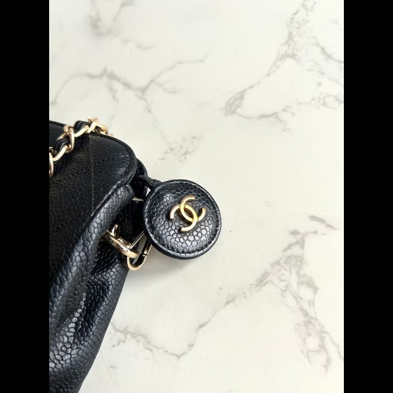 【LA LUNE】Chanel黑色魚子醬皮革斜背包 單肩包 側背包 中古包 二手包 古董-5