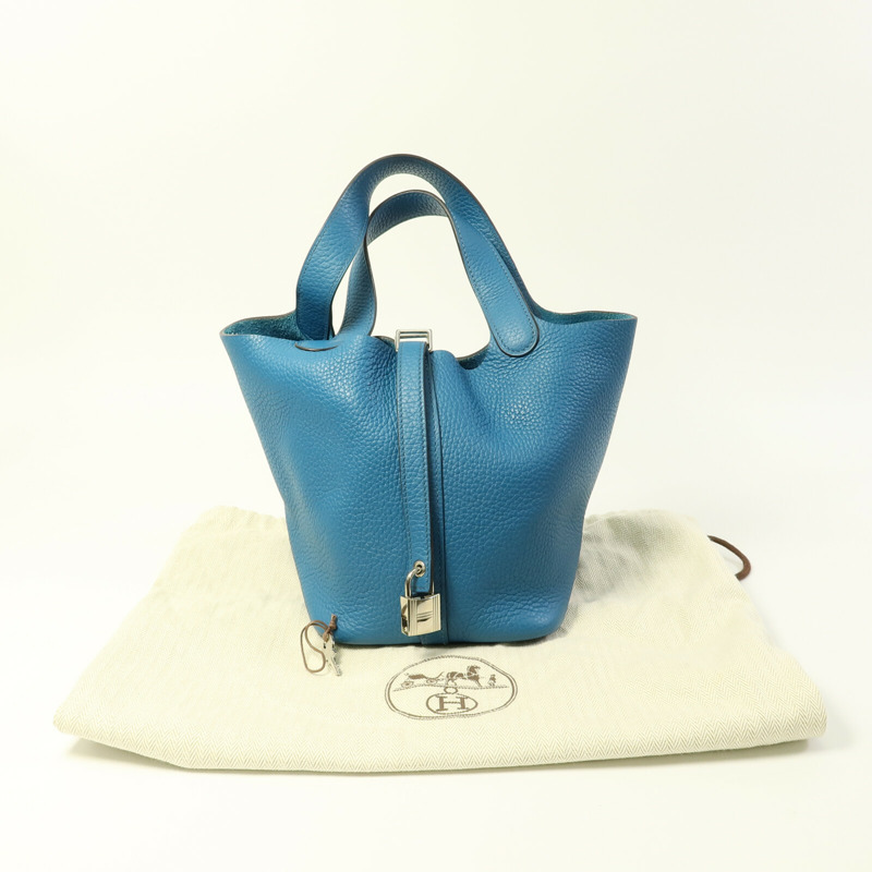 HERMES Clemence皮革Picotin PM手挽袋Blue Colvert-9