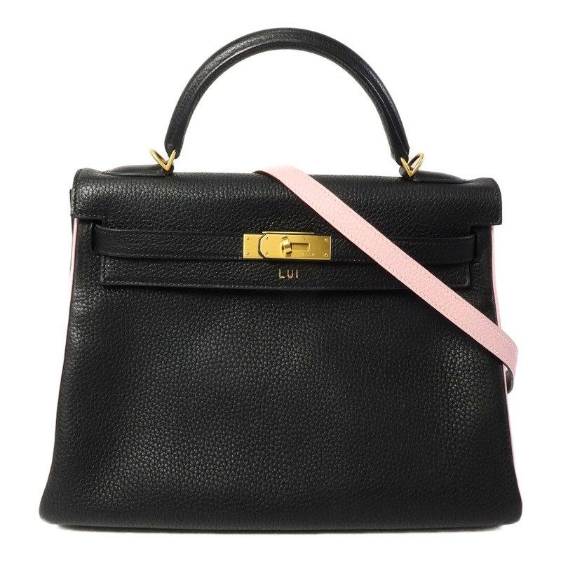 HERMES Togo皮革Kelly 32(Name mark)手挽肩背兩用袋Noir/Rose Sakura-0