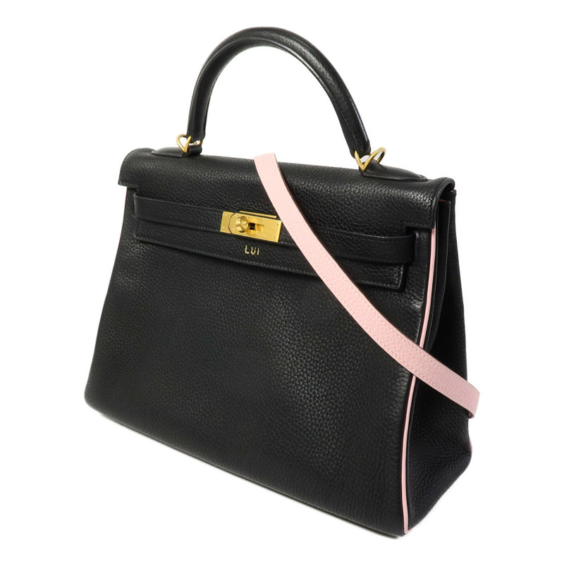 HERMES Togo皮革Kelly 32(Name mark)手挽肩背兩用袋Noir/Rose Sakura-1