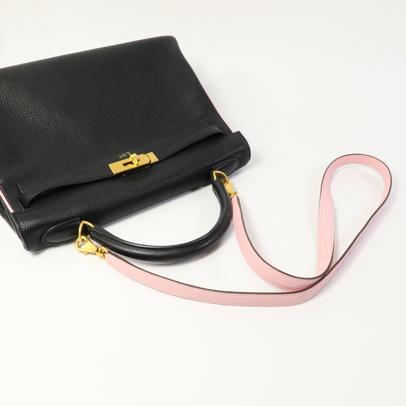 HERMES Togo皮革Kelly 32(Name mark)手挽肩背兩用袋Noir/Rose Sakura-10