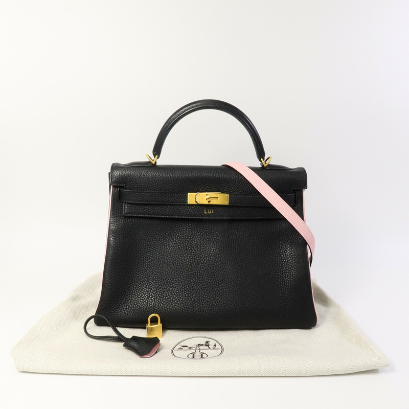 HERMES Togo皮革Kelly 32(Name mark)手挽肩背兩用袋Noir/Rose Sakura-11