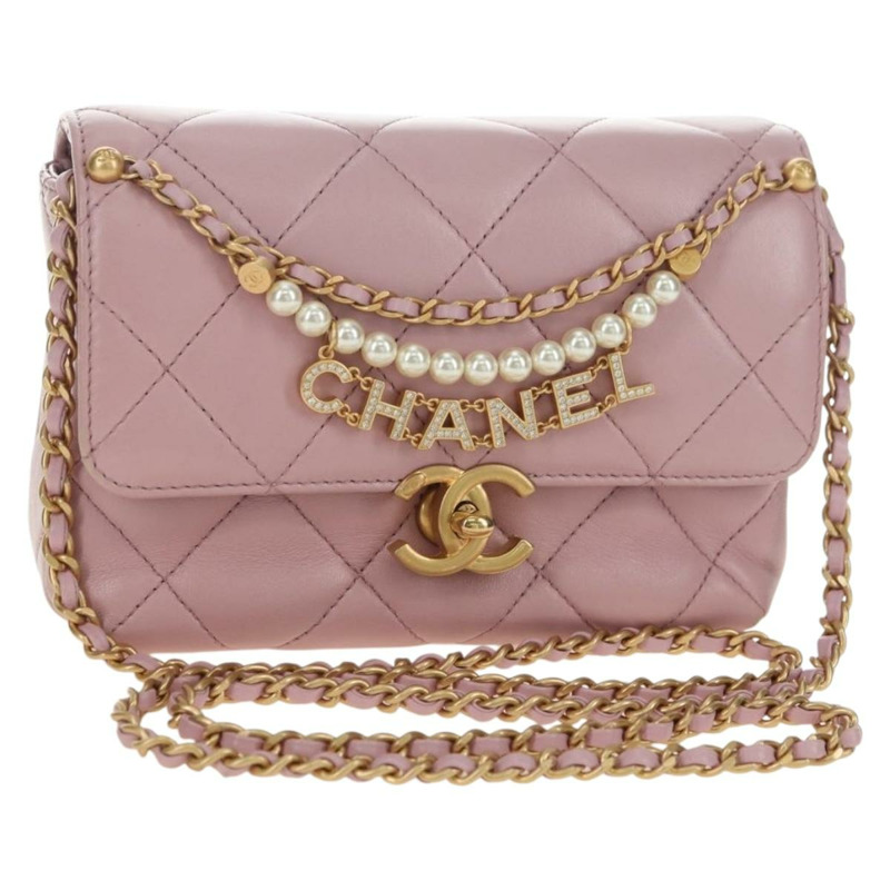 【日本直送】香奈兒 (CHANEL) 鏈條迷你絎縫 18 手袋，羊皮材質，粉紅色金色雙 C 標誌，正品編號 181669SAM-0