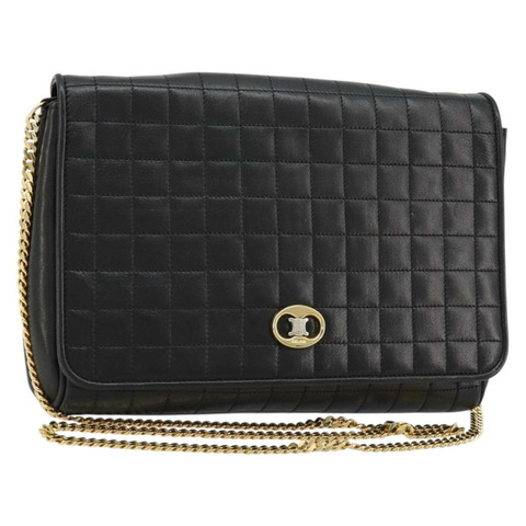 CELINE 鏈條單背包，黑色皮革，金色，正品 182421V