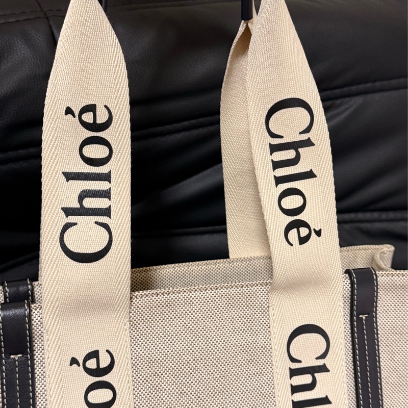 「99新✨全網最低價」Chloé Woody 中號托特包|米色帆布黑色皮革-11