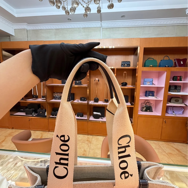 「99新✨全網最低價」Chloé Woody 中號托特包|米色帆布黑色皮革-12