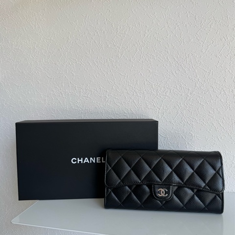 Chanel 黑荔枝銀雙C釦式長夾