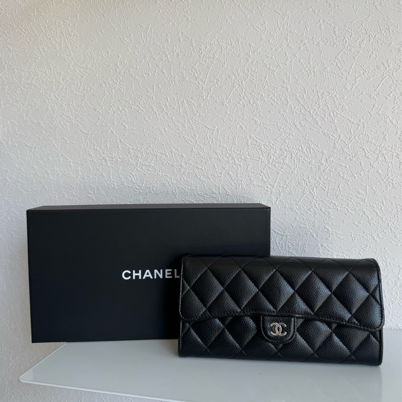 Chanel 黑荔枝銀雙C釦式長夾-0