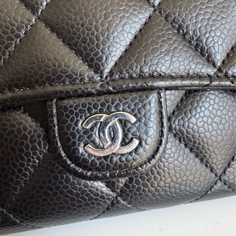 Chanel 黑荔枝銀雙C釦式長夾-8