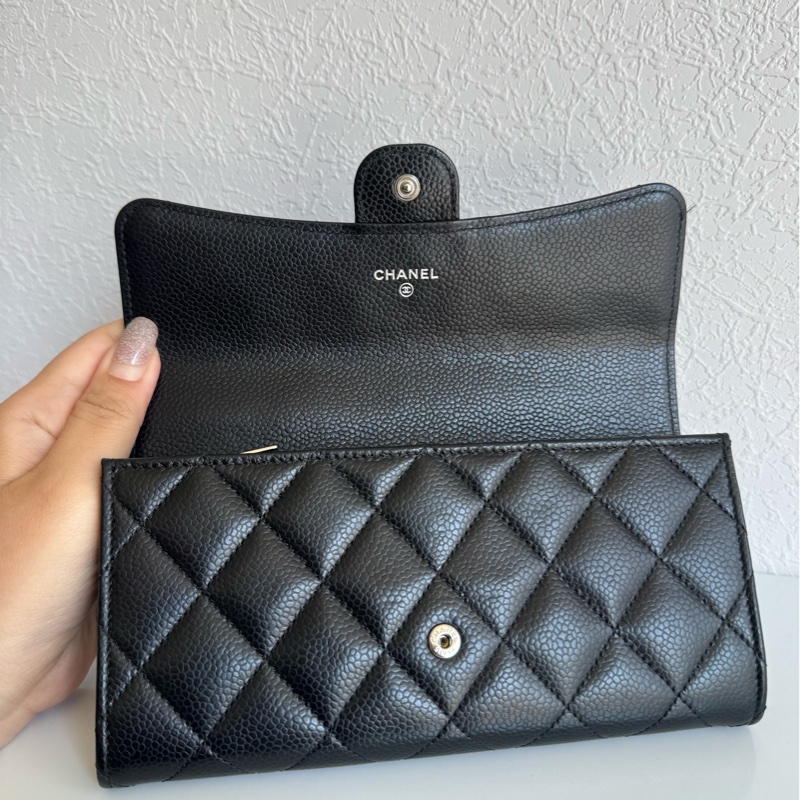 Chanel 黑荔枝銀雙C釦式長夾-9