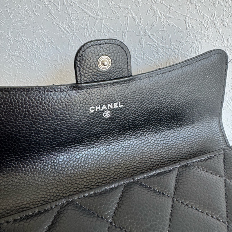 Chanel 黑荔枝銀雙C釦式長夾-10