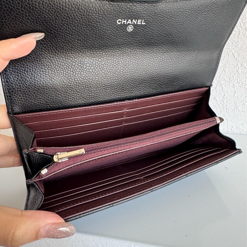 Chanel 黑荔枝銀雙C釦式長夾-13