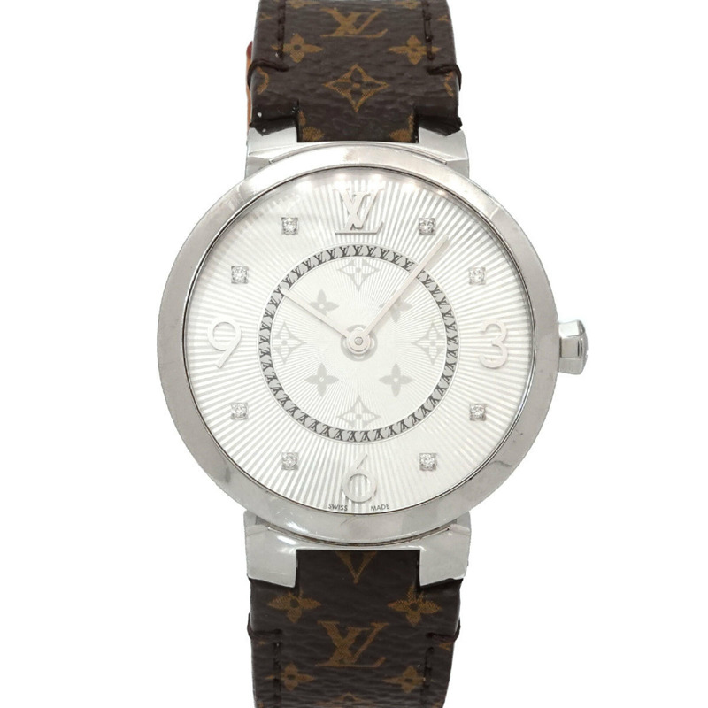 路易威登 Tambour Monogram Q13MJB 女士腕錶 8P 鑲鑽銀色石英錶-0