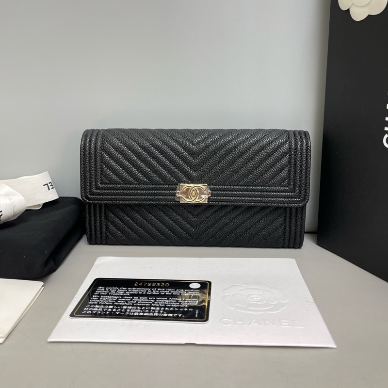 Chanel香奈兒 99新Leboy黑金荔枝紋v紋長款錢包-0