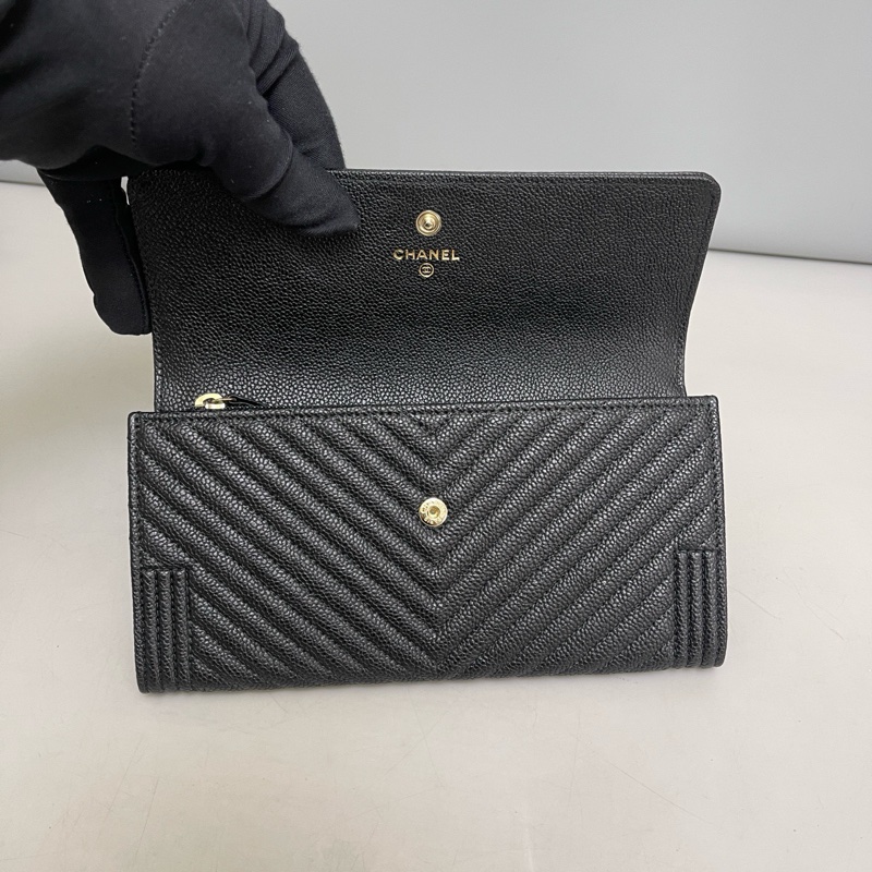 Chanel香奈兒 99新Leboy黑金荔枝紋v紋長款錢包-7