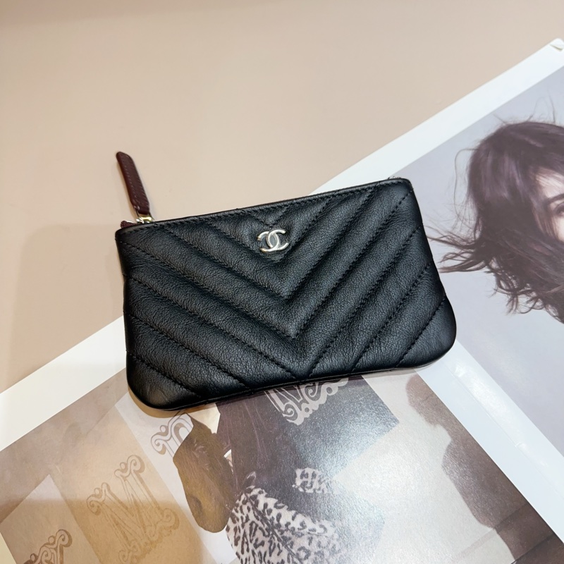 Chanel 黑牛皮山型紋一字拉鍊零錢包-0