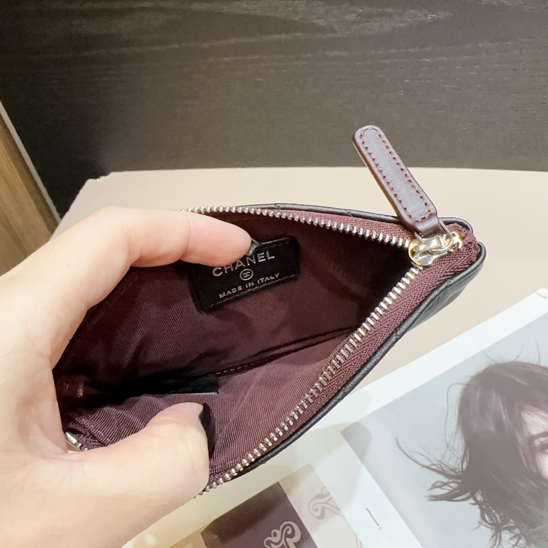 Chanel 黑牛皮山型紋一字拉鍊零錢包-7