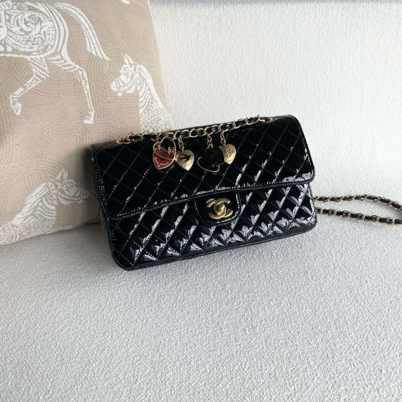 Chanel 黑金愛心鏈條CF中號 漆皮 25*15*6.5 9新 配件塵袋-2