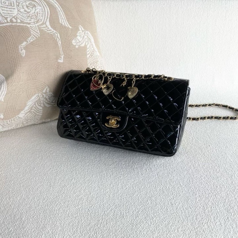 Chanel 黑金愛心鏈條CF中號 漆皮 25*15*6.5 9新 配件塵袋-4
