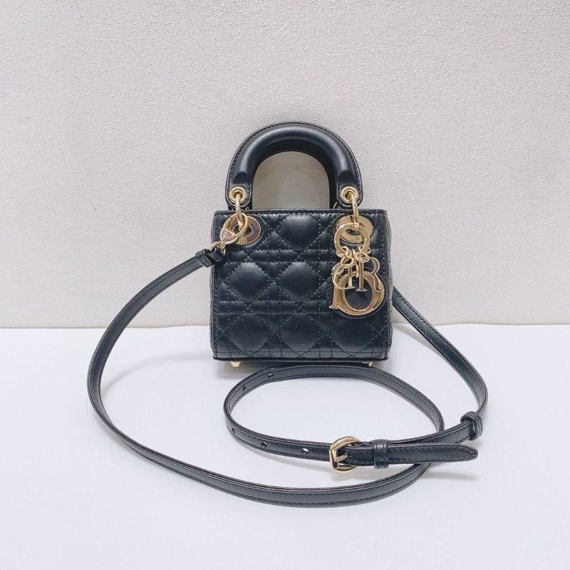 Dior 超迷你黑金牛皮三格LADY DIOR 手提肩背包 12×10.5×5cm 9新 配件塵袋 盒子-1